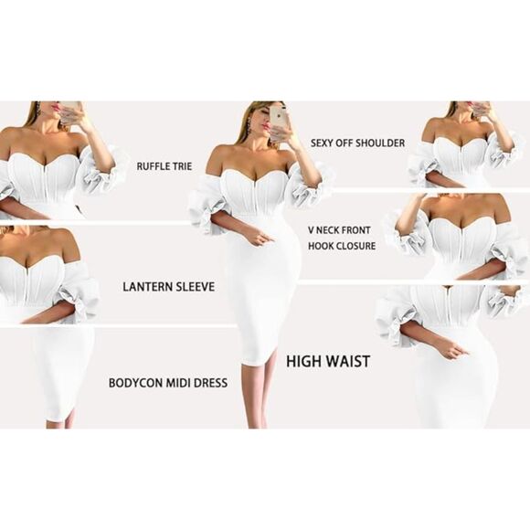 Memoriesea Off Shoulder Bodycon Lantern Sleeve Front Hook Midi Party Dress Sz M - Picture 3 of 7